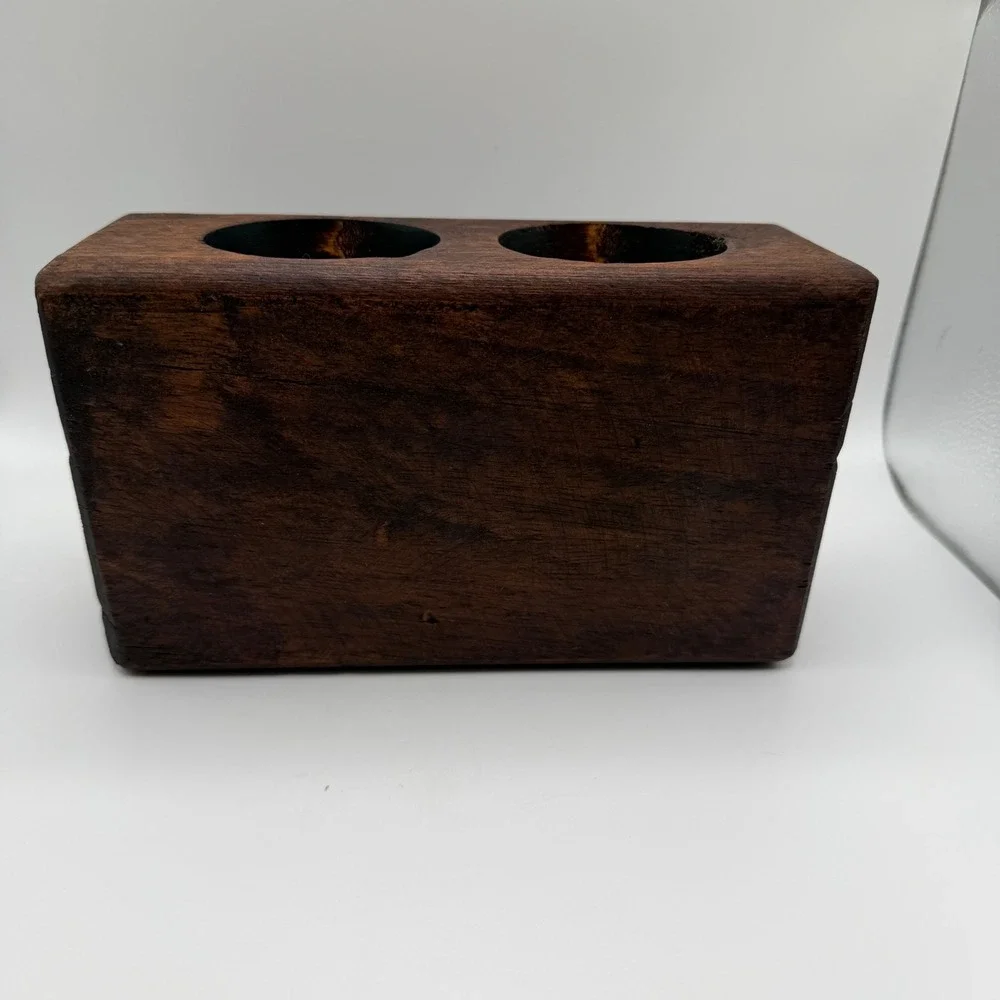 VTG Primitive Hand Carved Wood 2 Hole Sugar Mold Candle Or Makeup Brush Holder